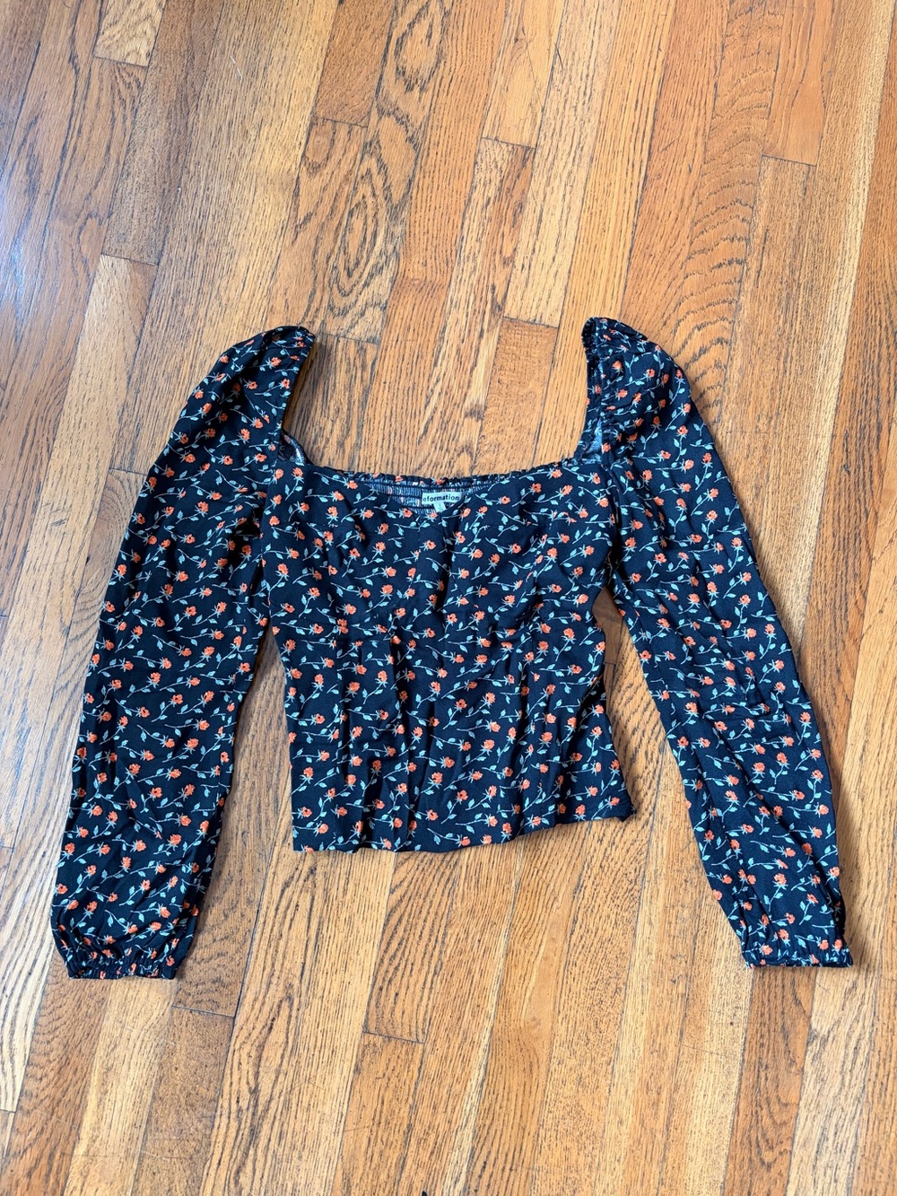 Reformation Black Floral Square-Neck Puff Sleeve Crop Top